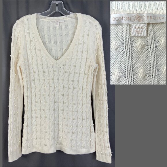 Boston Proper Sweater White/Cream V Neck Cable Knit Pearl Embellished Size M - Picture 1 of 16